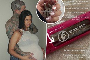 Kourtney Kardashian and Travis barker split with the placenta pills with an inset of the pills in her hand.