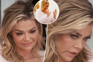 Two split photos of Denise Richards staring on "RHOBH" and a small photo of her clapping