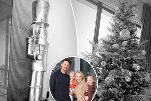 Christmas decorations with an inset of Patrick and Brittany Mahomes with their kids.