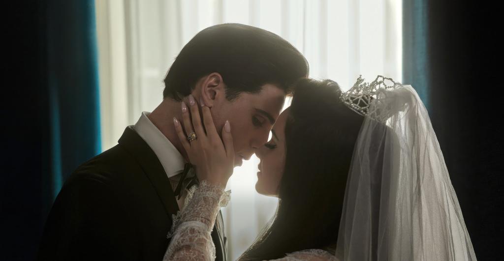 Jacob Elordi, as Elvis Presley, and Cailee Spaeny, as Priscilla Presley, in a wedding scene from "Priscilla"