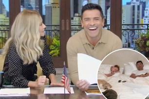 Kelly Ripa and Mark Consuelos talking on "Live" and a small photo of Kelly Ripa and Mark Consuelos sleeping together