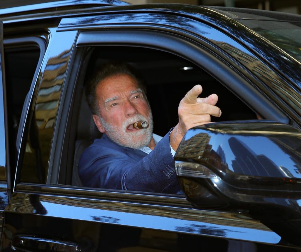 Arnold Schwarzenegger in a car.