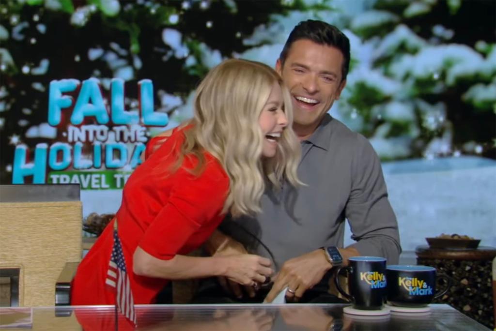 Kelly Ripa and Mark Consuelos laughing on "Live"