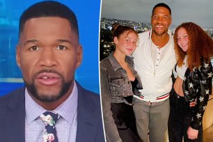 A split photo of Michael Strahan talking and Michael Strahan posing with his two daughters