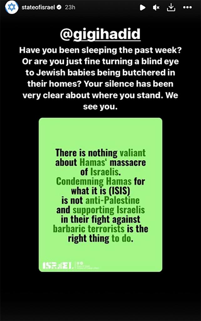 The Israeli government's post about Gigi Hadid.