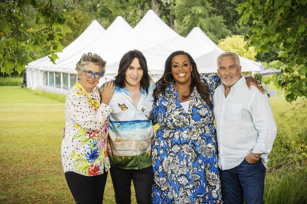 "GBBO," Prue Leith, co-host Noel Fielding, co-host Alison Hammond, judge Paul Hollywood,.