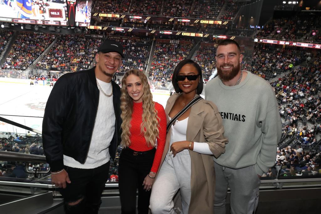 Travis Kelce and Kayla Nicole with Patrick and Brittany Mahomes. 
