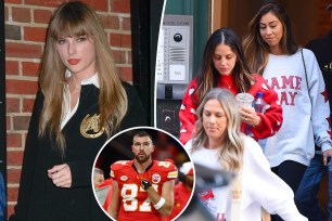 Taylor Swift, split with Lyndsay Bell and Paige Buechele, as well as an inset of Travis Kelce