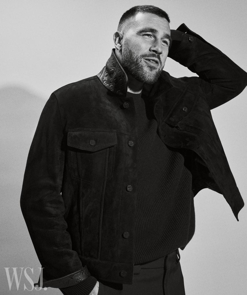 Travis Kelce posing in a black-and-white photo for WSJ. Magazine.