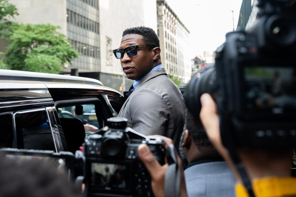 Jonathan Majors leaving court in August 2023.