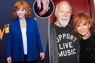 Reba McEntire and Rex Linn split image with her and a ring.