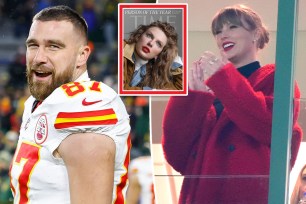 A split photo of Travis Kelce playing football and Taylor Swift clapping at a football game and a small Time cover of Taylor Swift