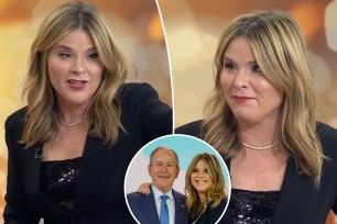 Two split photos of Jenna Bush Hager talking on "Today" and Jenna Bush Hager posing with her dad George Bush