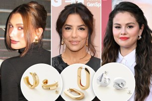 Hailey Bieber, Eva Longoria and Selena Gomez with insets of earrings from Jenny Bird
