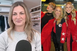 Erin Andrews split image with Taylor Swift and Brittany Mahomes.