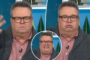 Two split photos of Eric Stonestreet wincing on the "Today" show and a small photo of him eyes closed