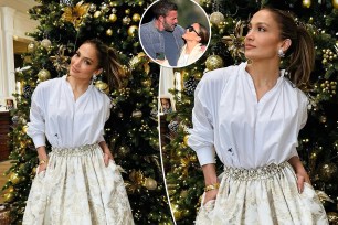 Jennifer Lopez standing in front of a Christmas tree, Jennifer and Ben Affleck walking