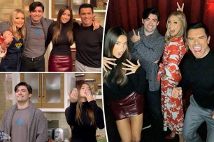 Three photos of Kelly Ripa, Mark Consuelos, Lola Consuelos and Michael Consuelos standing with each other