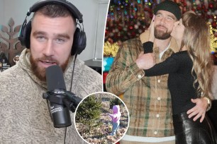 Travis Kelce split with him and Taylor Swift with an inset of Swift as a child on her Christmas tree farm.