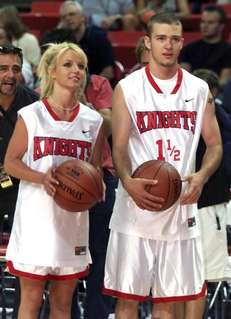 Britney Spears and Justin Timberlake in matching basketball uniforms