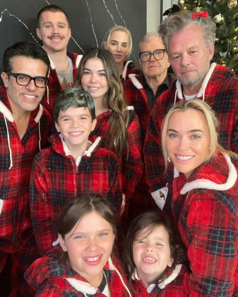 teddi mellencamp and her family wearing matching plaid pajamas in a selfie