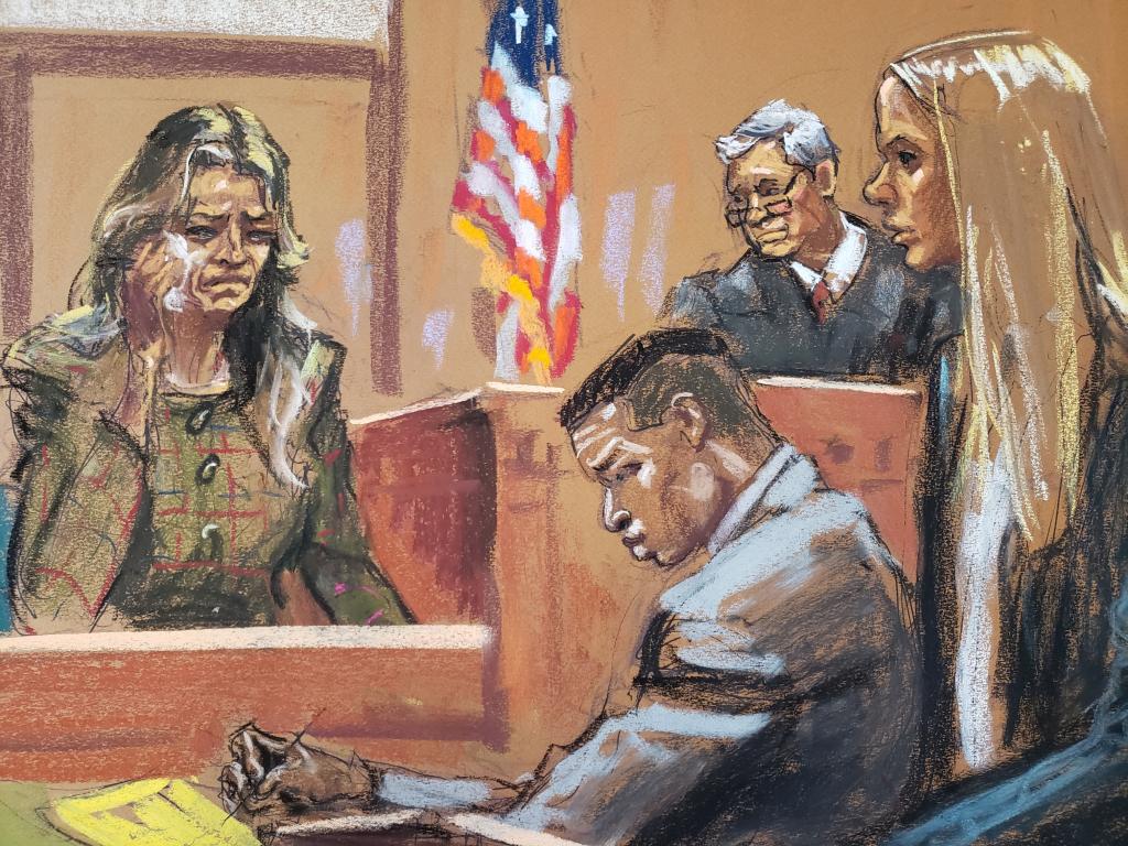 An image of Grace Jabbari testifying as Jonathan Majors looks down.