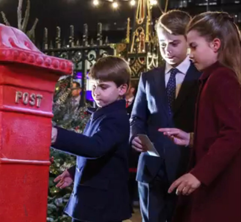 Prince Louis, Prince George and Princess Charlotte sending letters. 