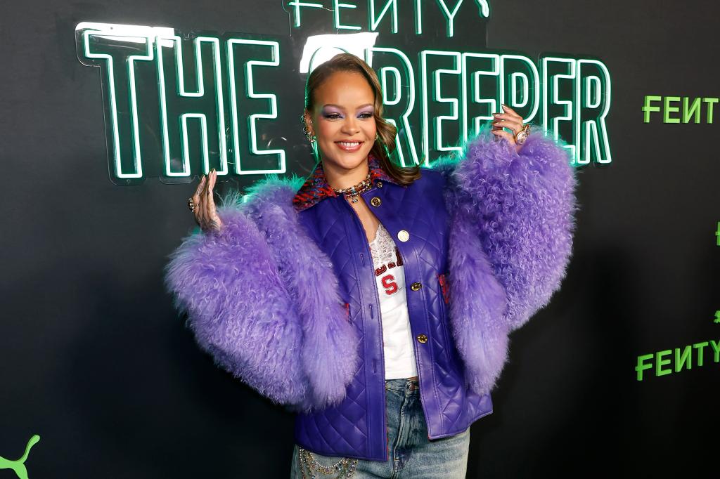 Rihanna in a purple fur coat.