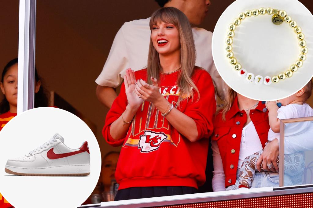 Taylor Swift at the Chiefs game with insets of her 87 bracelet and Nike sneakers