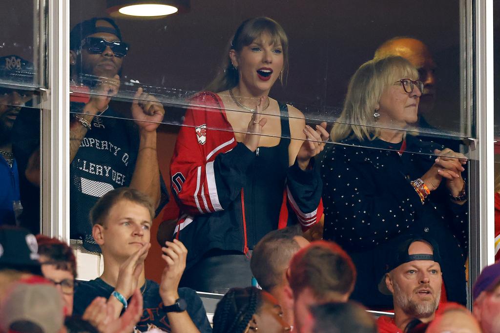 Taylor Swift and Donna Kelce cheer before the game between the Kansas City Chiefs and the Denver Broncos at GEHA Field at Arrowhead Stadium on October 12, 2023 in Kansas City, Missouri.