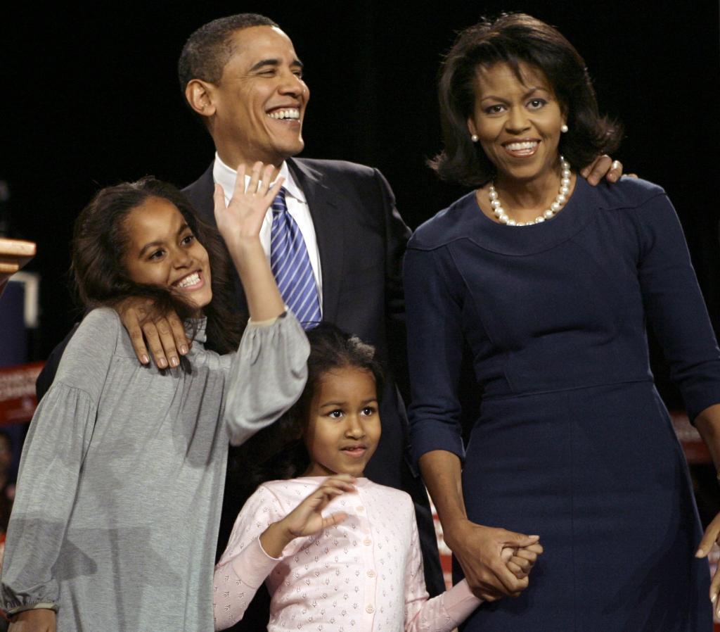 Barack and Michelle Obama and their daughters in 2008.