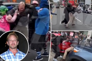 Three split photos of Ian Ziering getting into a street brawl and a small photo of Ian Ziering posing