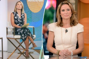A split photo of Amy Robach on "GMA3" and Amy Robach sitting