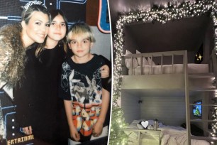 A split photo of Kourtney Kardashian posing with her kids and a photo of Kourtney Kardashian's bunk bed