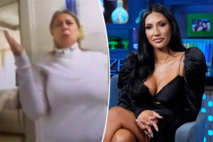 A split photo of Monica Garcia's mom screaming and Monica Garcia sitting on "WWHL"