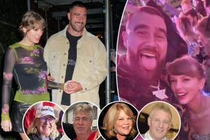 Taylor Swift split image with Travis Kelce and their parents.