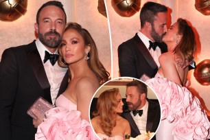 A split photo of Jennifer Lopez and Ben Affleck posing together at the Golden Globes 2024 and a photo of Jennifer Lopez kissing Ben Affleck and a small photo of Ben Affleck and Jennifer Lopez talking at the Golden Globes 2024