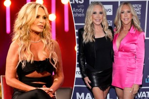 A split photo of Tamra Judge standing and Shannon Beador posing with Vicki Gunvalson