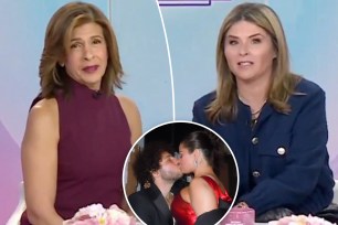 A split photo of Hoda Kotb on "Today" and Jenna Bush Hager on "Today" and a small photo of Selena Gomez kissing Benny Blanco