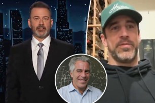 Jimmy Kimmel split with Aaron Rodgers with an inset of Jeffrey Epstein.