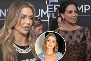 A split photo of Lala Kent talking and Katie Maloney talking and a small photo of Raquel Leviss