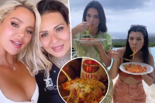 Chef K with Khloé Kardashian split with Kendall and Kourtney with an inset of Rao's Homemade.