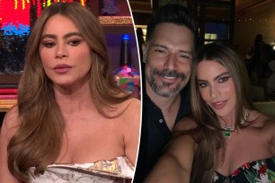 A split photo of Sofía Vergara talking on "WWHL" and a selfie of Sofía Vergara and Joe Manganiello