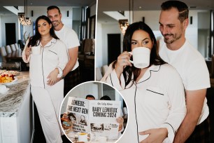 Two split photos of Alexa and Brennon Lemieux posing with her baby bump and a small photo of them reading a newspaper