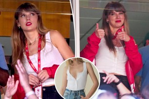 Taylor Swift at the Chiefs game in a white tank top, with an inset of the top