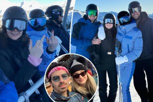 A split photo of a selfie of Peregrine Pearson and Sophie Turner and another photo of Sophie Turner posing with Peregrine Pearson and a small selfie of Sophie Turner and Joe Jonas