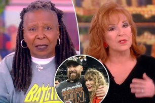 A split photo of Whoopi Goldberg talking on "The View" and Joy Behar talking on "The View" and a small photo of Travis Kelce and Taylor Swift posing together