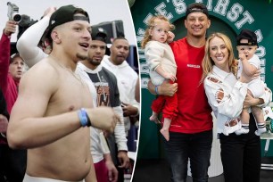 Asplit of Patrick Mahomes and Mahomes with his wife Brittany and their kids.