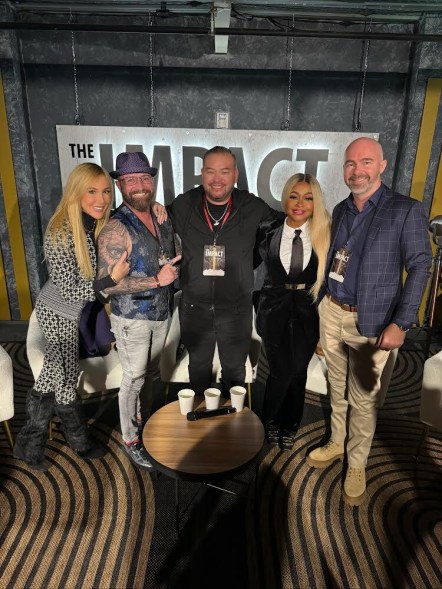 Media.com CEO James Mawhinney poses with Phaedra Parks, Jon Gosselin, Justin Peck and Adriane Schwartz during the Media.com panel inside the Caspian Agency’s Impact Lounge at Sundance Film Festival 2024.