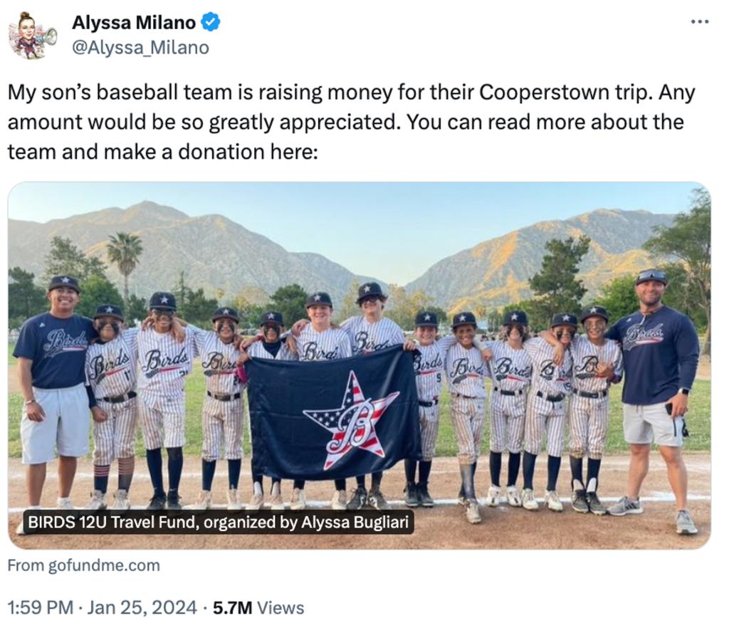screenshot showing alyssa milano's tweet asking people to donate to son's baseball team (also pictured)